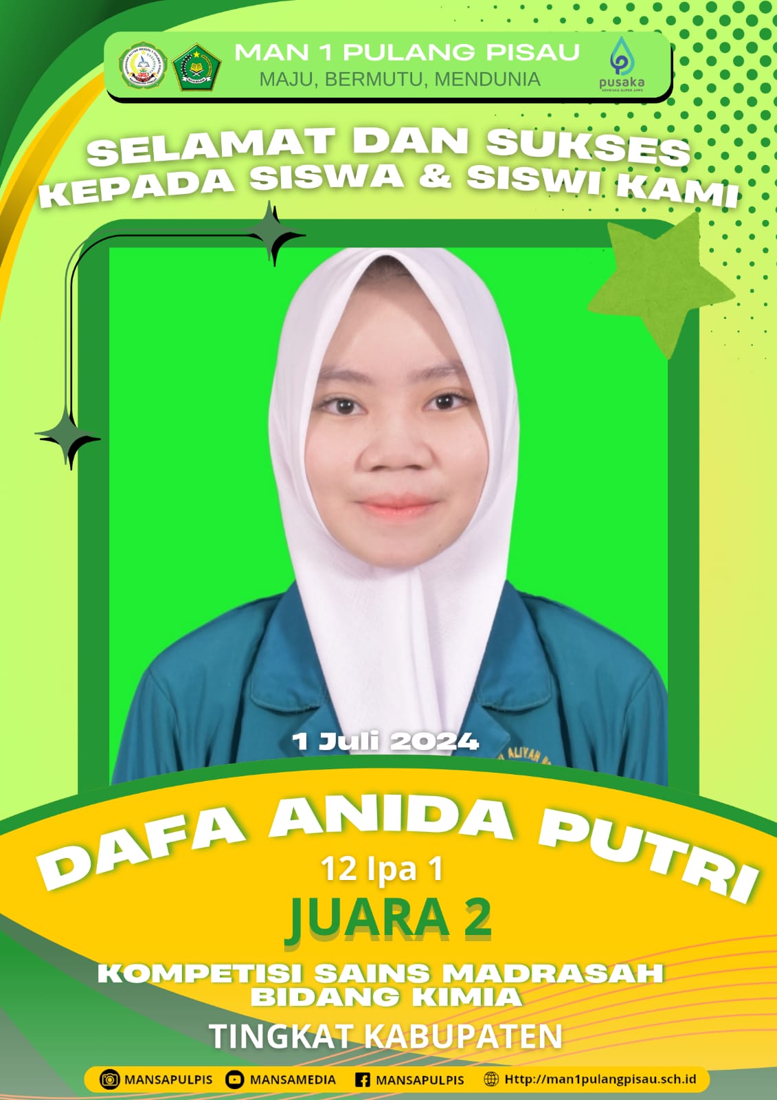 Dafa Anida Putri Berhasil Meraih Juara 2 KSM Bidang Kimia